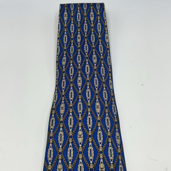 CHANEL Royal Blue and Yellow Chain Pattern CC Logo Silk Necktie - Picture 3 of 9